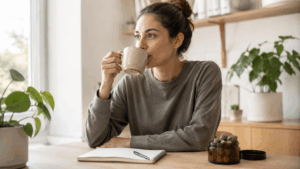 Eine Frau trinkt entspannt Kaffee an einem Schreibtisch mit Notizbuch und einem Glas Cannabisblüten. Darstellung der Kombination von Cannabis und Kaffee im Alltag.