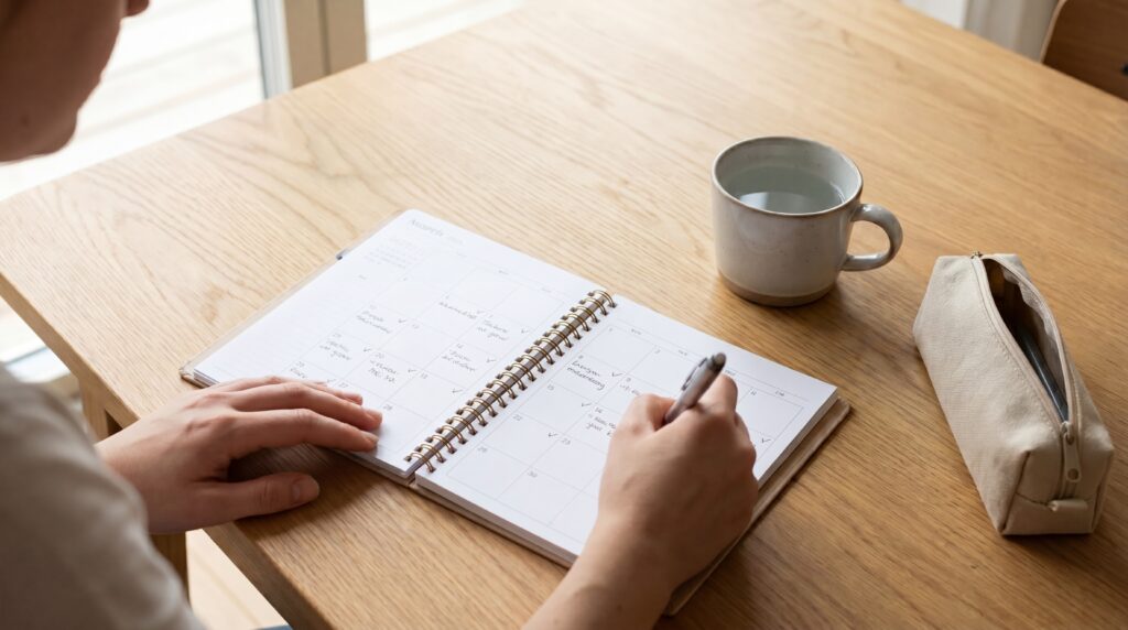 Person sitzt am Tisch und schreibt in ein Notizbuch. 
