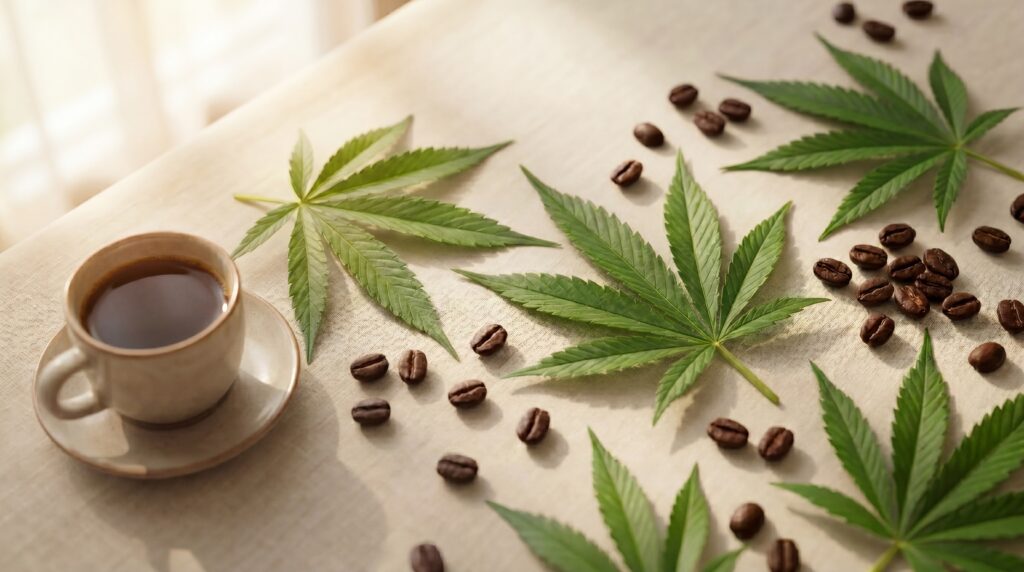 Eine Tasse schwarzer Kaffee, Kaffeebohnen und frische Cannabisblätter auf einem hellen Leinentisch; flache Draufsicht zum Thema Cannabis und Kaffee.