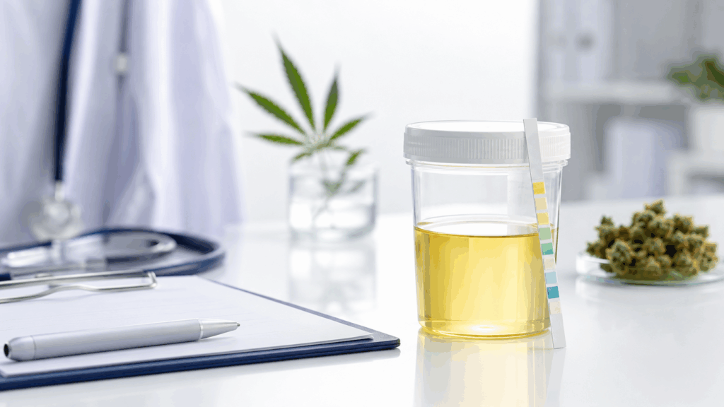 Medizinischer THC-Urintest in einer Arztpraxis: Urinprobe mit Teststreifen neben Cannabisblüte und Stethoskop zur Veranschaulichung der Nachweisbarkeit von THC im Urin.