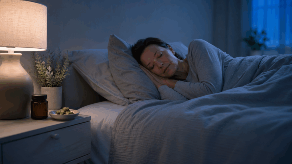 Schlafende Frau in einem ruhigen Schlafzimmer bei Nacht, daneben ein Nachttisch mit Lampe und medizinischem Cannabis.
