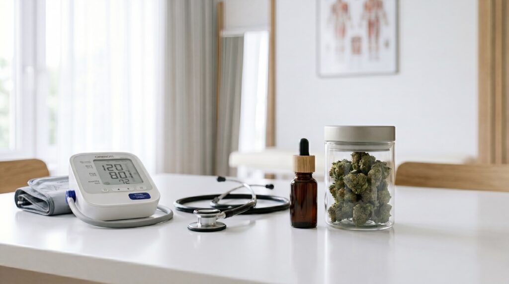 Blutdruckmessgerät, Stethoskop und Cannabisblüten als Symbol für Cannabis gegen Bluthochdruck.