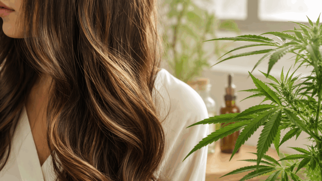 Frau mit langen Haaren neben Cannabispflanze als Symbol für die Nachweisbarkeit von THC in den Haaren.