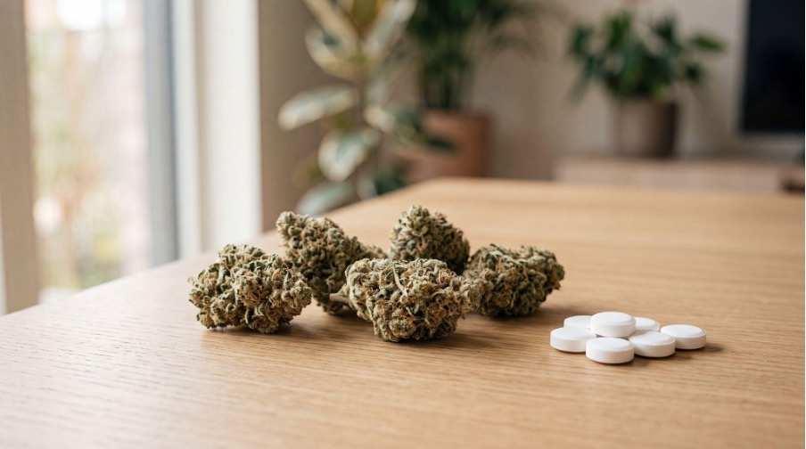 Cannabis liegt neben Ibuprofentabletten auf dem Tisch.