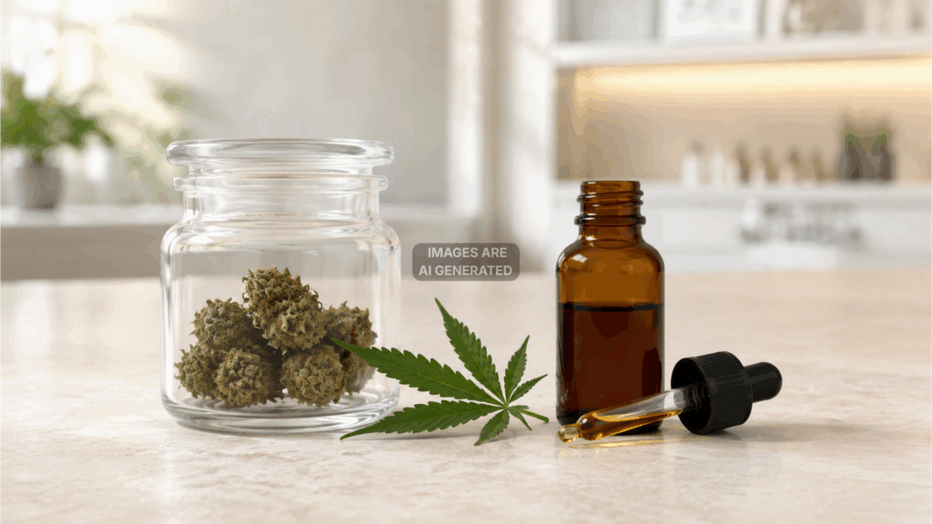 Cannabisblüten und Extrakt nebeneinander