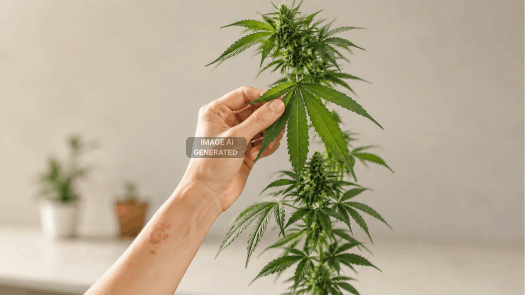Eine Hand mit allergischem Ausschlag, der durch Cannabis verursacht wurde
