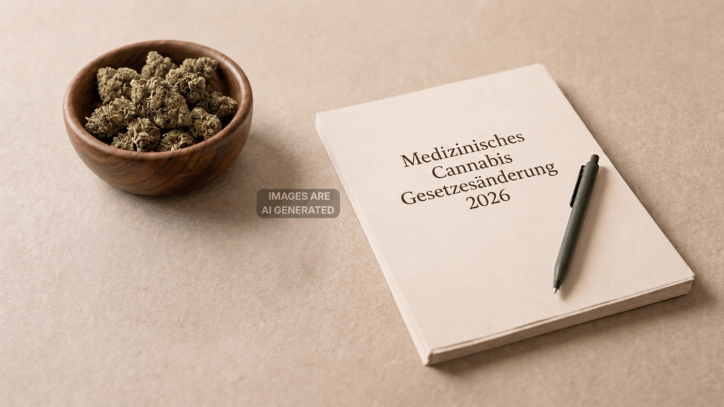 Cannabisblueten liegen neben einem Gesetzesentwurf