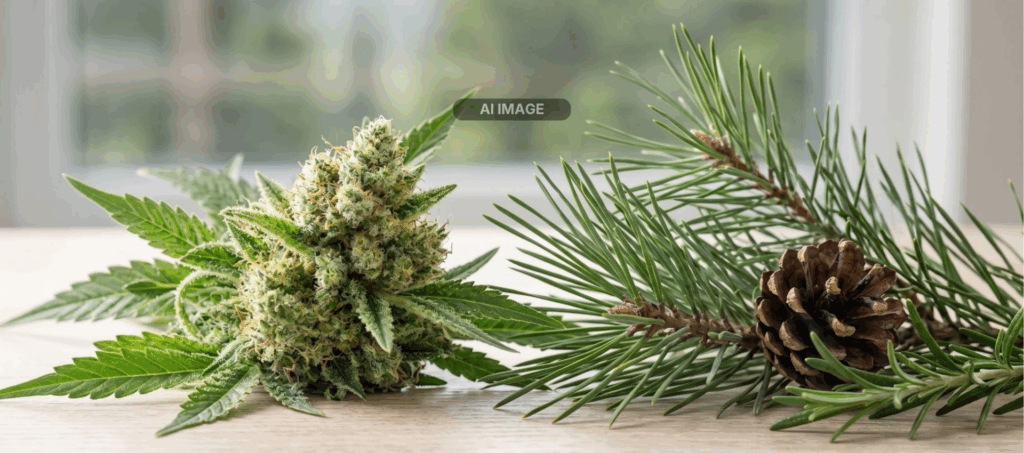 Cannabisblüten und Pinen auf einem Holztisch