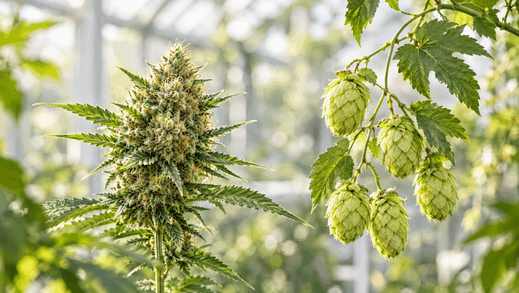 Cannabis und Hopfen in einem Gewächshaus