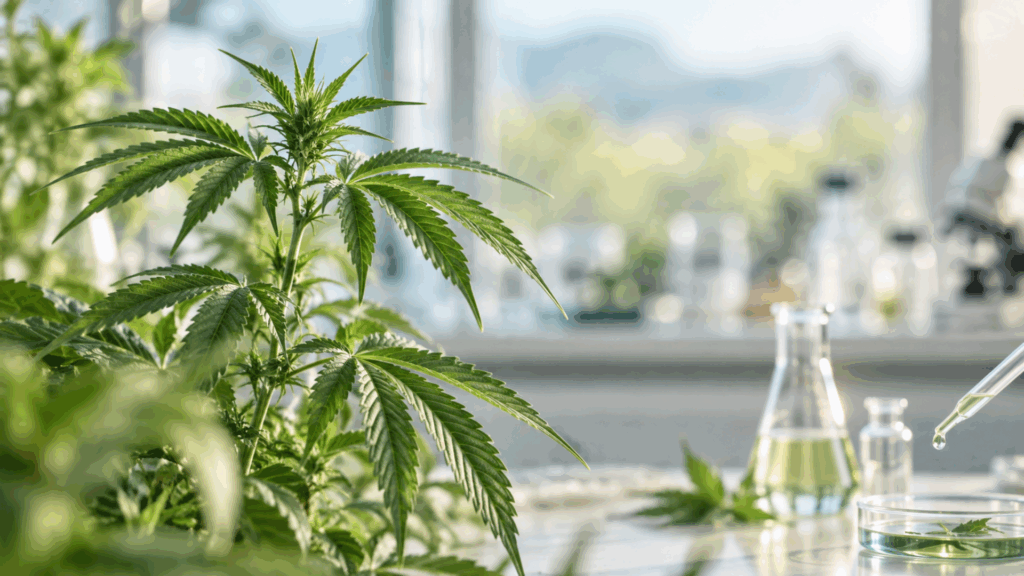 Cannabispflanze in einer Laborumgebung als Symbol für die Forschung zu CBG