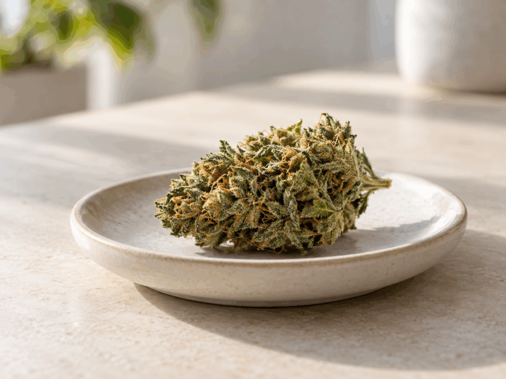 Cannabisblueten liegen auf einem Teller